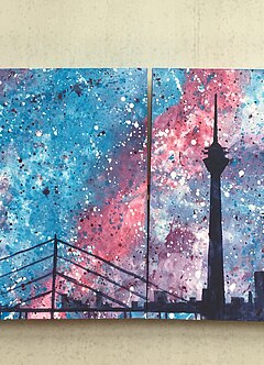 Bild aus einem Projekt. Skyline von Düsseldorf mit Galaxy-Hintergrund