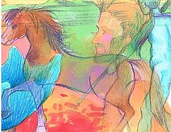 Bunte Zeichnungen fließen ineinander über: ein blaues Blütenblatt, ein braunes Pferd, Gesicht und Torso eines Mannes im Seitenprofil sowie ein unbekleideter Mann von hinten mit einem Speer in der Hand