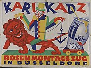 Plakat zum Karnevalszug 1929: eine bunte Zeichnung mit einem Löwen als Zugtier, der einen Senftopf zieht. Auf dem Löwen reitet ein Clown mit einem Anker in der Hand, versehen mit der Überschrift: Karikadz