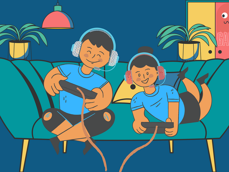 Illustration zweier Kinder, die fröhlich auf einem Sofa Videospiele spielen