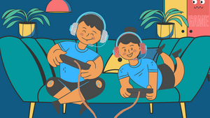 Illustration zweier Kinder, die auf einem Sofa fröhlich Videospiele spielen