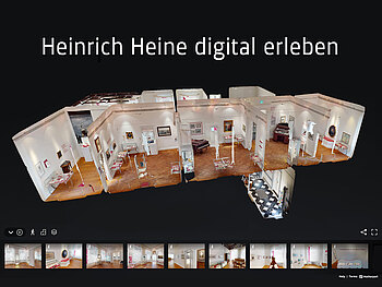 3D-Modell der Museumsräume des Heinrich-Heine-Instituts mit Überschrift: "Heinrich Heine digital erleben"