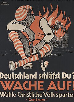 Wahlplakat der Christliche Volkspartei, ca.1919, ein schlafender Michel mit einem brennenden Haus im Hintergrund.
