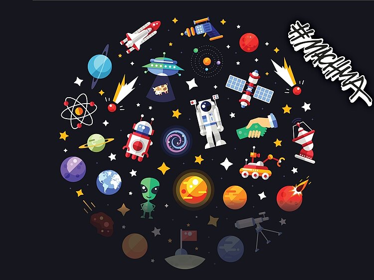 Farbige Illustration von Gegenständen und Planeten aus dem Weltraum vor schwarzem Hintergrund