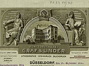 Briefkopf der Kunstdruckerei Graf & Linder. von 1914. In einer Vigniette ist das Geschäftshaus der Firma abgebildet, recht und links davon die Allegorien Drucker und Malerin.