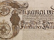 Aufwändig gestaltete Initiale des Buchstaben I in einer Urkunde aus dem Jahr 1597