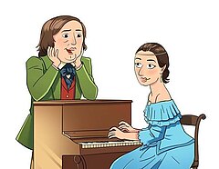 Cartoonzeichnung von Robert und Clara Schumann am Klavier. 