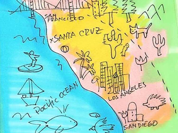 Kalifornien als Skizze dargestellt: links auf blauen Grund das Meer mit Walen, Surfern, Segelbooten und Möwen rechts das Land mit den Städtenamen San Diego, LA, Santa Cruz und San Francisco und entsprechenden Motiven, die für die Landschaft Kaliforniens typisch sind