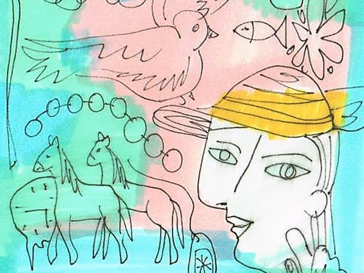 Auf einem mit Aquarellfarben kolorierten Papier sind Skizzen zu sehen, wie man sie auf den Werken von Klee (Pferde), Picasso (Tauben) kennt
