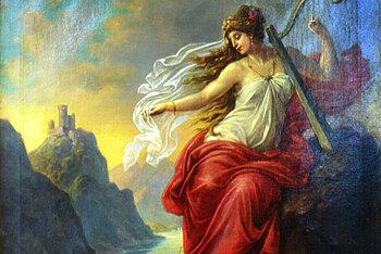 Gemälde mit einer Frau, die auf einem Felsen am Rhein sitzt. In der Hand hält sie eine Harfe. Im Hintergrund ist eine Burg zu sehen.
