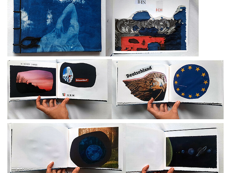 Drei selbstgebundene bunte Bücher, die aus Collagen und eigenen Bildern und Texten erstellt wurden 