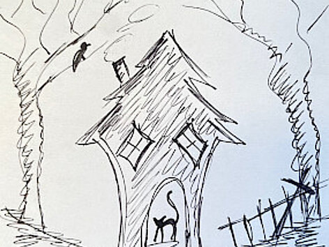 Stiftzeichnung: Ein schiefes Hexenhaus im Wald zwischen zwei Bäumen. Im Baum sitzt ein Rabe, in der Tür des Hauses eine schwarze Katze.