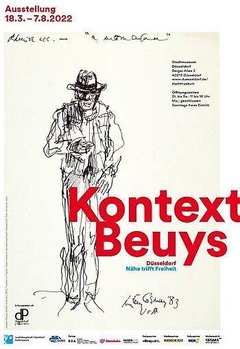 Plakat zur Sonderausstellung "Kontext Beuys" - im Hintergrund eine Zeichnung mit Beuys, gezeichnet von Milein Cosman