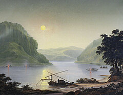 Gemälde des "Loreley"-Felsen bei St. Goarshausen, im Hintergrund die Sonne, mit Schiffen auf dem Rhein