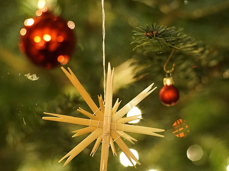 selbstgebastelter Baumschmuck am Weihnachtsbaum - Nahaufnahme