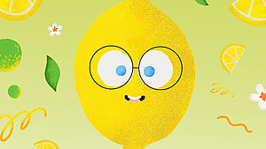 Grafische Darstellung einer Zitrone mit Gesicht und Brille