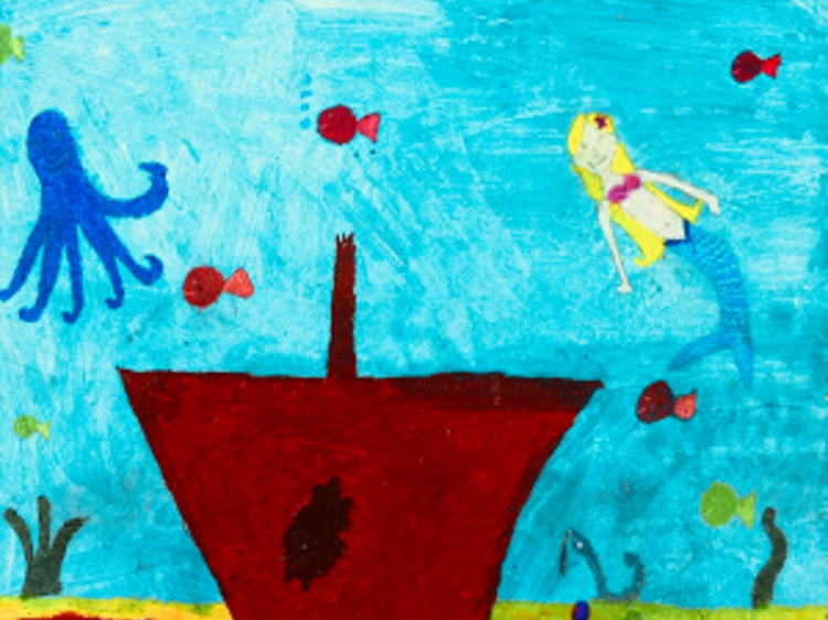 Unterwasserwelt mit einem gesunkenen Schiff, einer Meerjungfrau und einem Krake