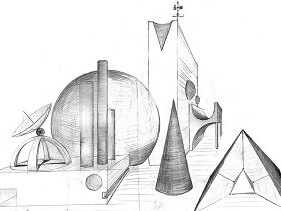 Verschiedene geometrische Formen perspektivisch und mit Schattierungen dargestellt