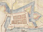 Plan der Zitadelle von Düsseldorf aus dem Jahr 1623 farbige Tuschezeichnung mit drei kleinen Rheinschiffen im Vordergrund
