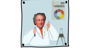 farbige Illustration von Goethe in einem Labor