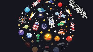grafische, bunte Darstellung von Gegenständen aus dem Weltall